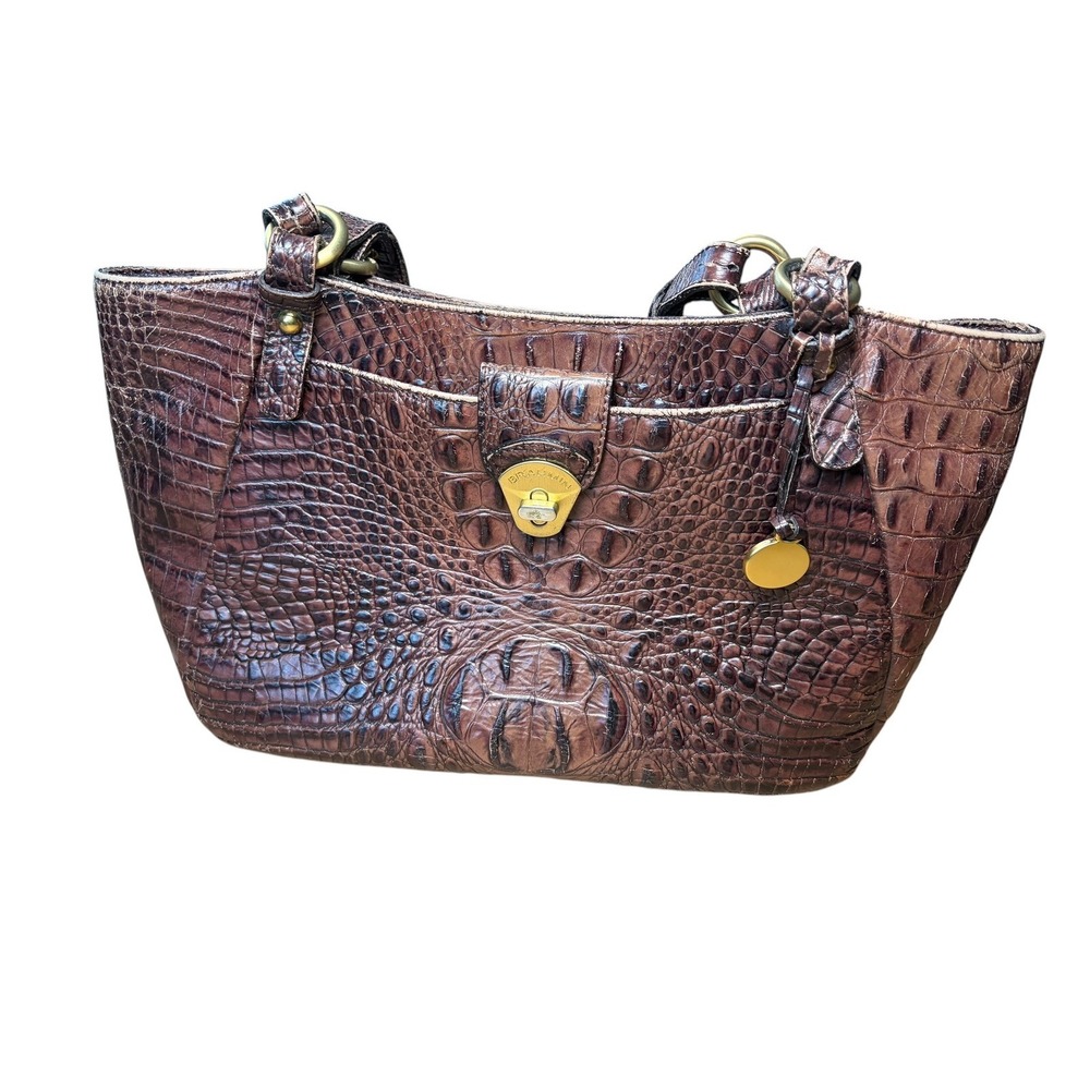 Brahmin Brown Crocodile Embossed Leather Shoulder Bag Tote Handbag Gold Hardware